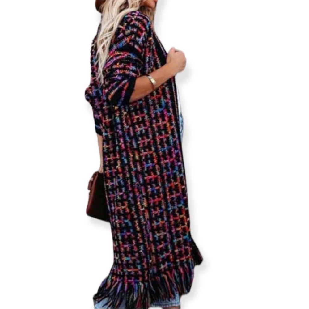 NWOT- XL FRINGED MAXI CARDI OPEN KNIT TRENCH in BLACK PINK BLUE & GOLD METALLIC - Picture 12 of 13